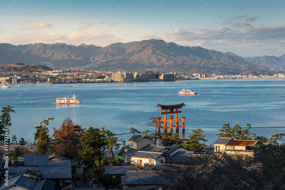 Fototapeta premium High Angle View of Great floating gate (O-Torii) on Miyajima island, Japan
