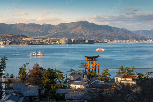 High Angle View of Great floating gate (O-Torii) on Miyajima island, Japan
