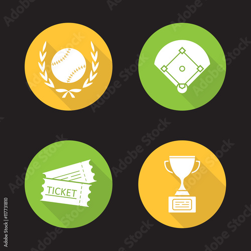 Baseball championship flat design long shadow icons set