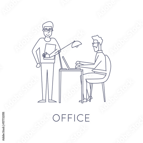 Business characters thin line. Co working people  meeting  teamwork  collaboration and discussion  conference table  brainstorm. Workplace. Office life. Flat design vector illustration.