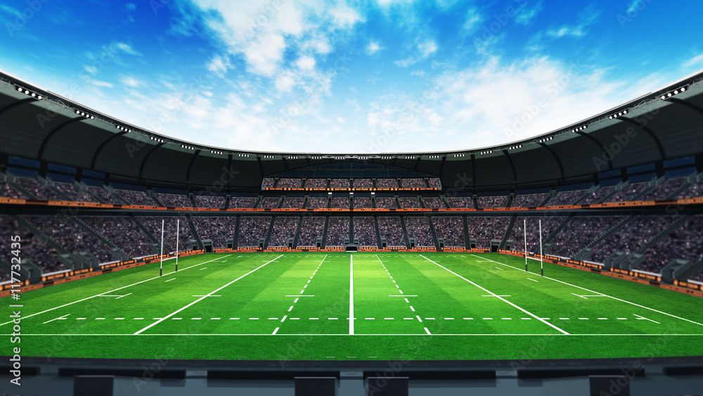 Fototapeta premium stadion rugby z fanami i zieloną trawą w świetle dziennym
