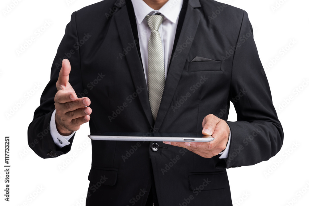 Yong businessman holding digital tablet computer showing screen Yong businessman holding digital tablet computer showing screen