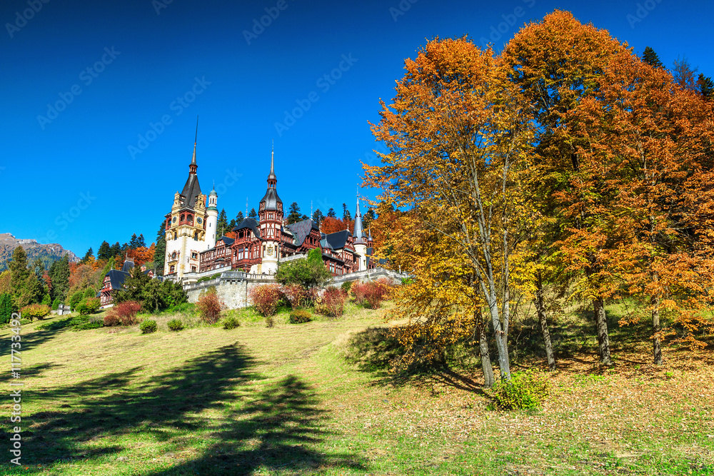 Spectacular ornamental garden and royal castle,Peles,Sinaia,Transylvania,Romania,Europe