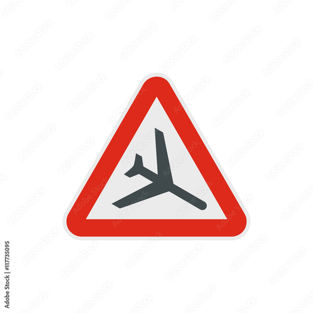 Warning sign of low flying aircraft icon in flat style on a white background Warning sign of low flying aircraft icon in flat style on a white background