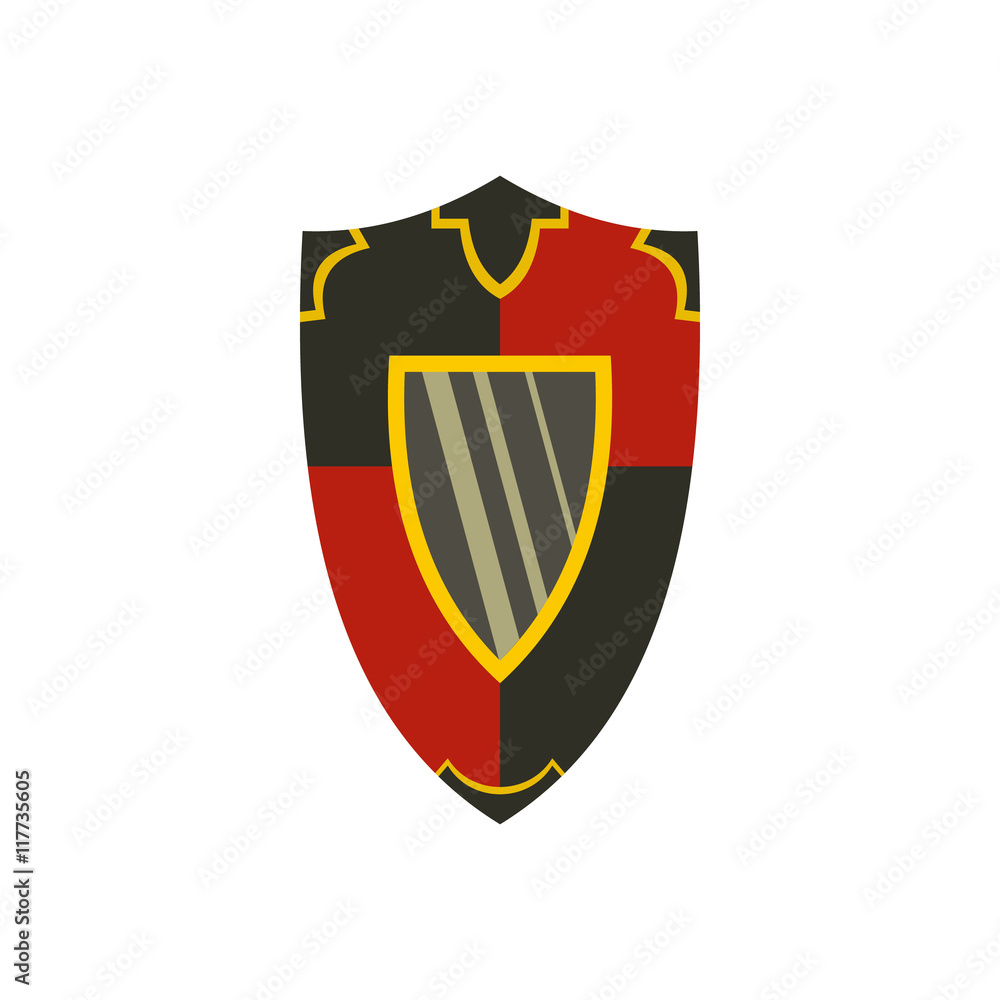 Metallic red and black shield icon in flat style on a white background Metallic red and black shield icon in flat style on a white background