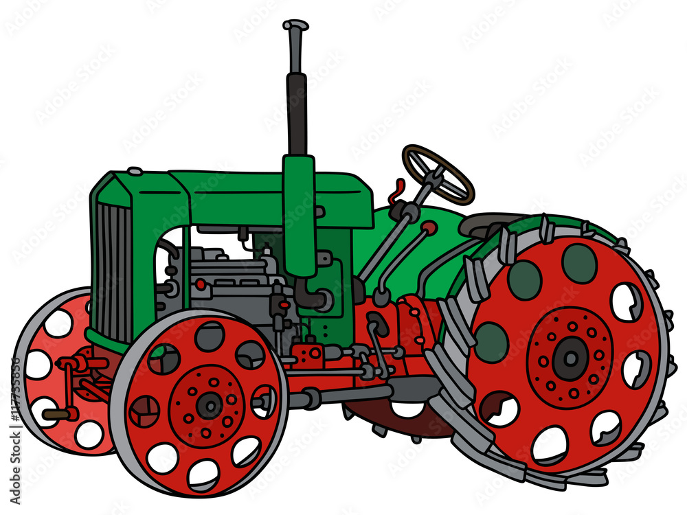 Fototapeta premium Green vintage tractor / Hand drawing, vector illustration
