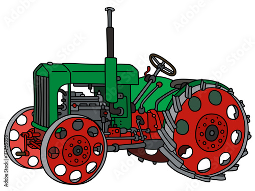 Green vintage tractor / Hand drawing, vector illustration