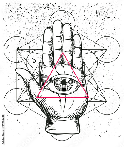 Hipster illustration with sacred geometry, hand, and all seeing eye symbol nside triangle pyramid. Eye of Providence. Masonic symbol. Grunge Esoteric spiritual ethnic mascot. t-shirt design