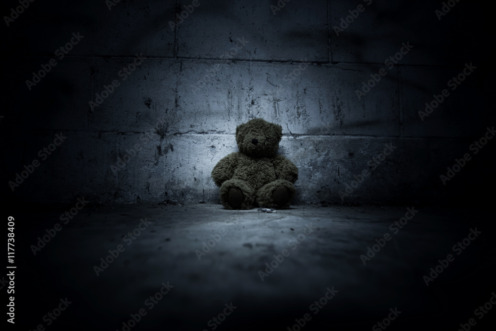 Teddy bear sitting in haunted house,Scary background for book cover