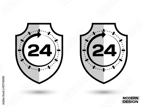 Protection shield with shadow, and sign - around the clock, 24 hours. Icon isolated on white background. Vector