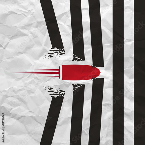 Red bullet shot smashed the walls on white background with creased paper texture. Vector illustration