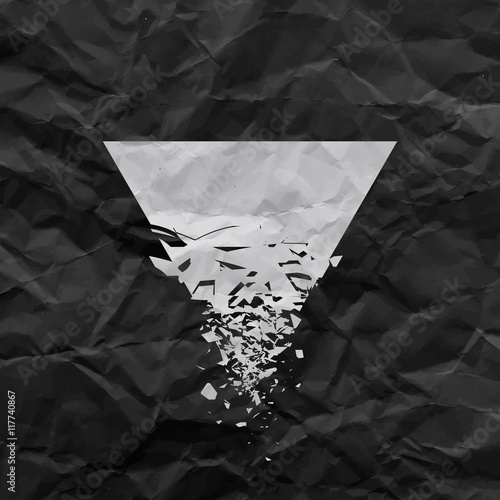 White triangle with debris on black background with creased paper texture. Vector illustration