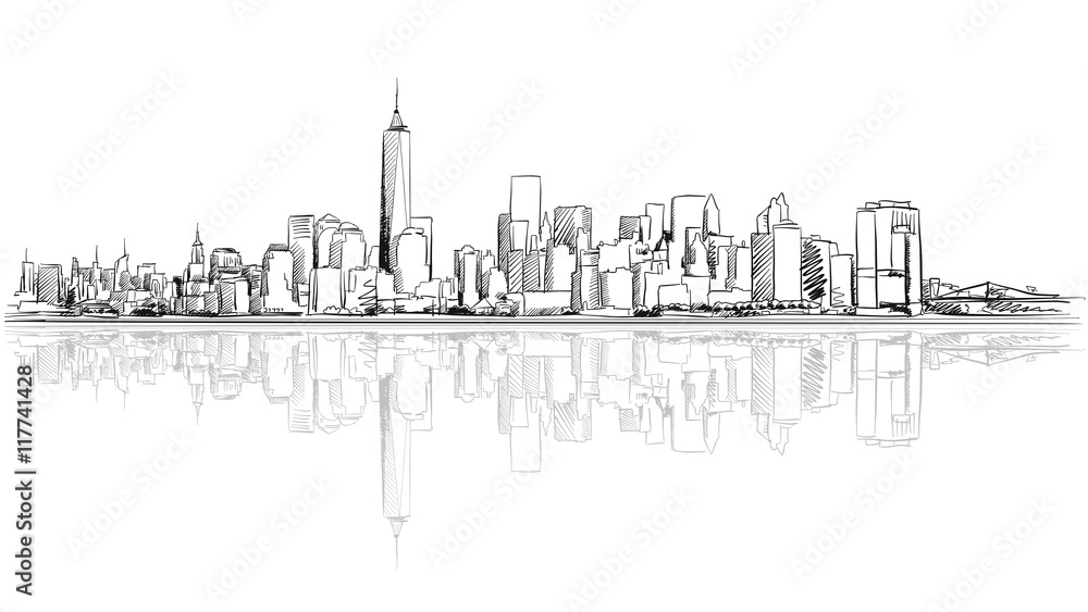 New York City Outline Sketch with Reflection