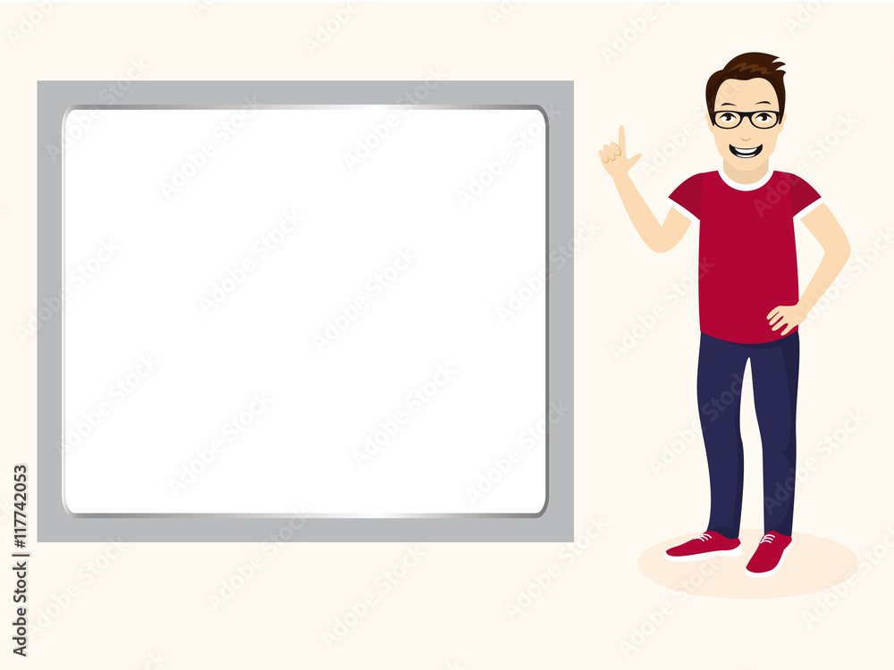 Smart guy with white board. Cartoon character man. Vector illustration of a clever boy Smart guy with white board. Cartoon character man. Vector illustration of a clever boy