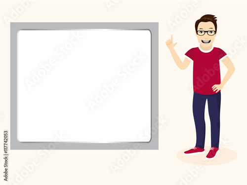 Smart guy with white board. Cartoon character man. Vector illustration of a clever boy