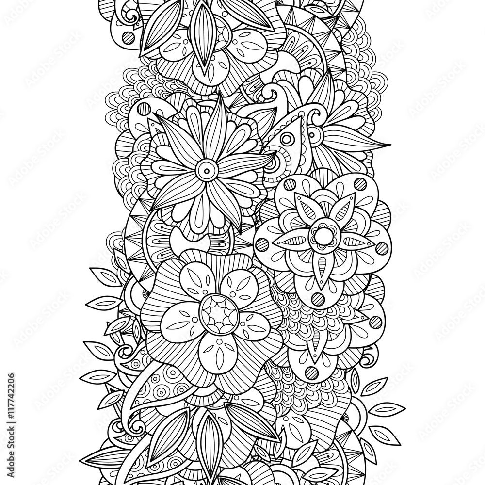Vector flowers and leaves seamless border. Doodle wavy decorative design element.