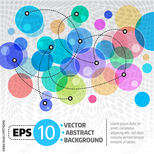 Transparent colorful circles connected by dashed lines.