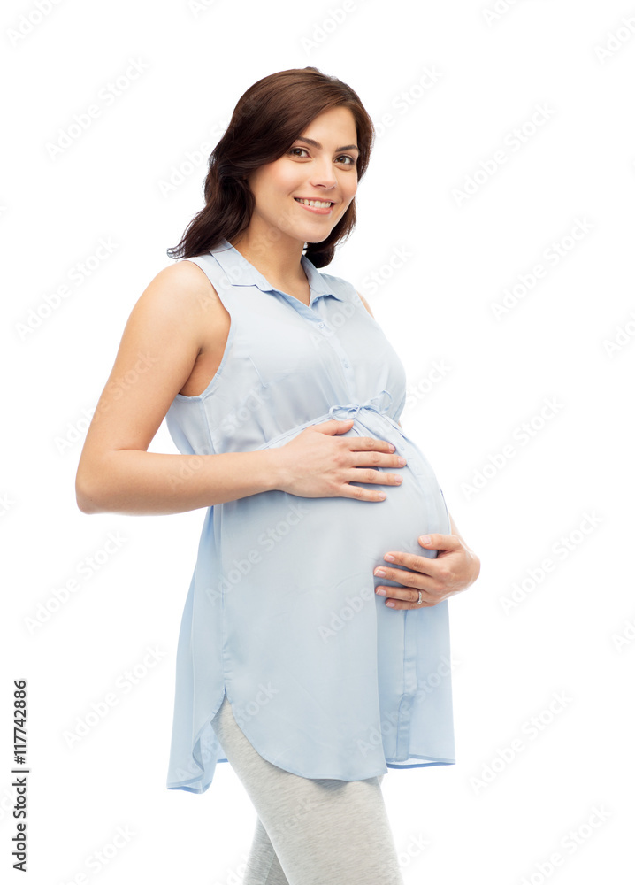 happy pregnant woman touching her big belly happy pregnant woman touching her big belly