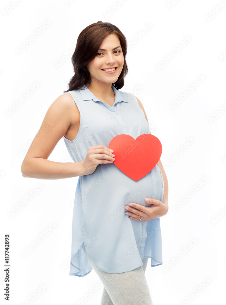 happy pregnant woman with red heart touching belly happy pregnant woman with red heart touching belly