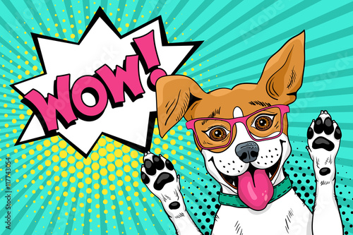 Fototapeta Wow pop art pies. Śmieszny zdziwiony pies w szkłach z otwartym usta wzrasta jego łapy up. Ilustracja wektorowa w stylu retro komiks. Tło pop-artu.