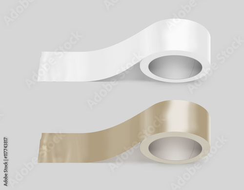 Blank white and yellow duct adhesive tape mockup, clipping path, 3d illustration. Sticky scotch roll design mock up. Clear glue tape template. Packing insulating tape display.