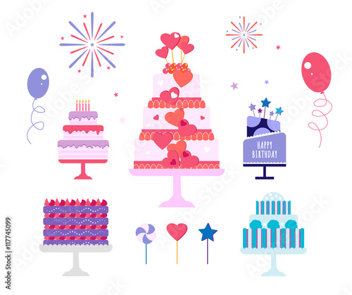 Cakes set. Vector cake icon design element. Birthday cake isolated illustration. balloon fireworks, wedding cake on white background