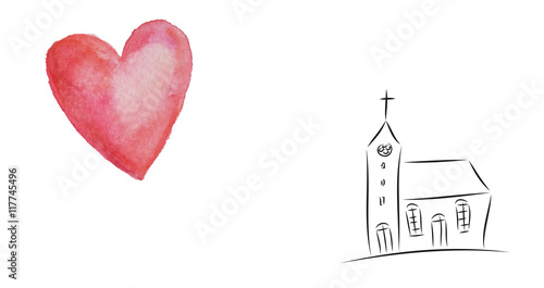 Einladung zur Trauung, Taufe, Konfirmation, Firmung, Trauung, Hochzeit, Heirat - rotes Herz mit Kirche, Gottesdienst und Predigt, Gemeindearbeit, Gemeinschaft, gemeinsam statt einsam, Vektor isoliert