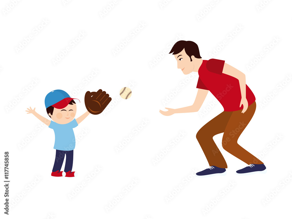 Dad and son playing baseball. Cartoon characters of a father and son.  Vector illustration of a boy and dad Stock Vector | Adobe Stock