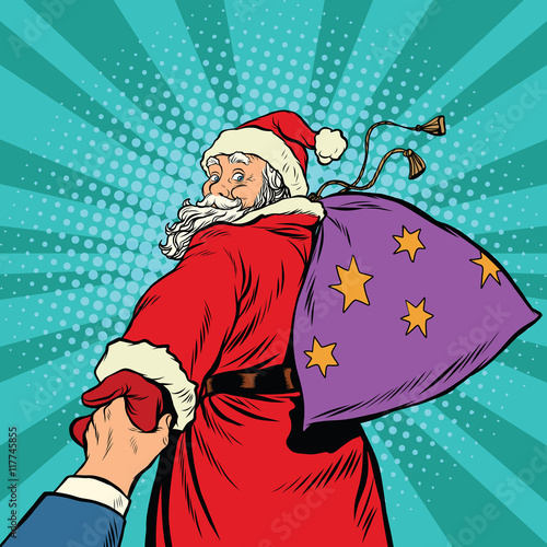 follow me, Santa Claus with gifts New year Christmas