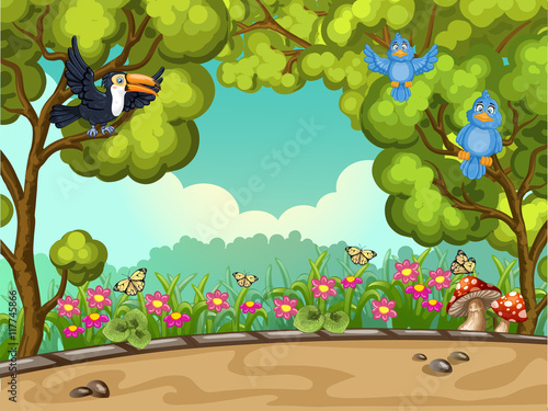 Summer landscape with exotic birds , trees ,flowers and butterflies