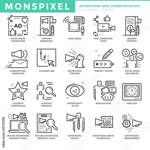 Flat thin line Icons set of Advertising and Communication. Pixel Perfect Icons. Simple mono linear pictogram pack stroke vector logo concept for web graphics.
