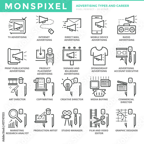 Flat thin line Icons set of Advertising Types and Career. Pixel Perfect Icons. Simple mono linear pictogram pack stroke vector logo concept for web graphics.