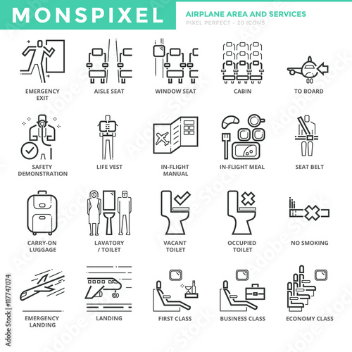 Flat thin line Icons set of Airplane Area and Airport Services. Pixel Perfect Icons. Simple mono linear pictogram pack stroke vector logo concept for web graphics.