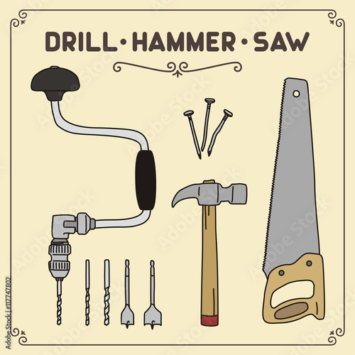 Vector set isolated woodworking tools: hand drill, hammer and saw