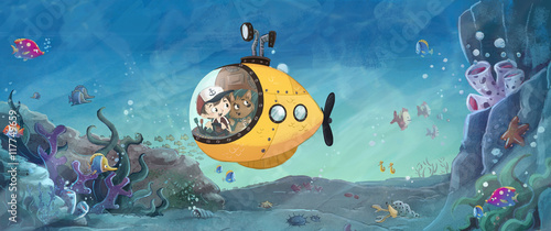 niño y perro en submarino en el mar