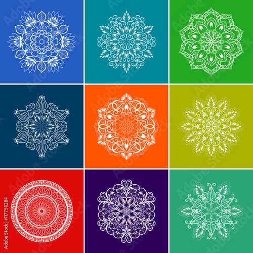Vector White Floral Mandala Set over Color Background