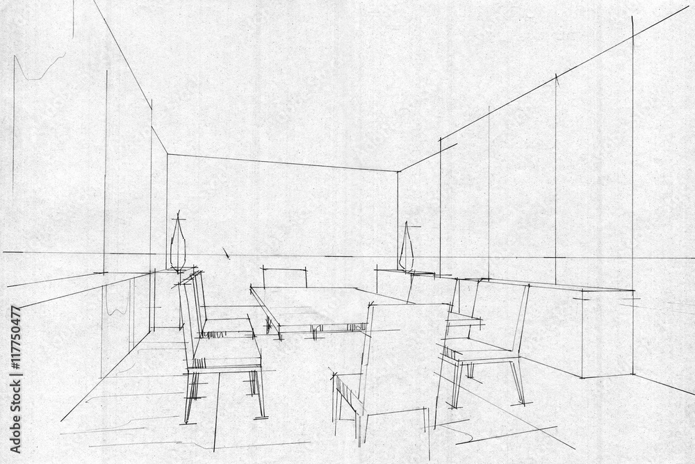 sketch stripes dining room, black and white interior design.