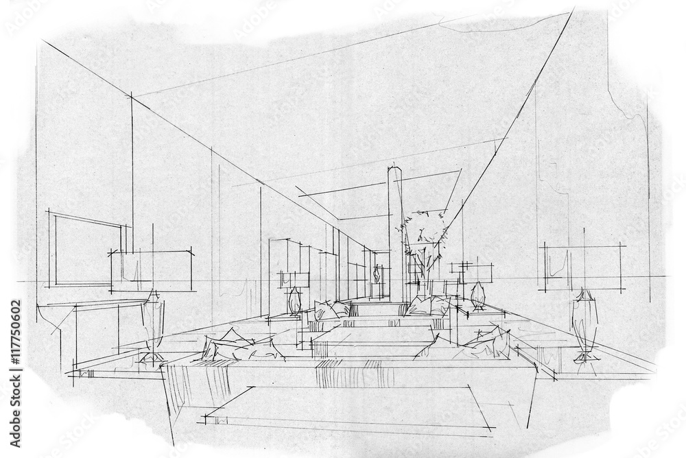 Fototapeta premium sketch stripes living VIP room, black and white interior design.