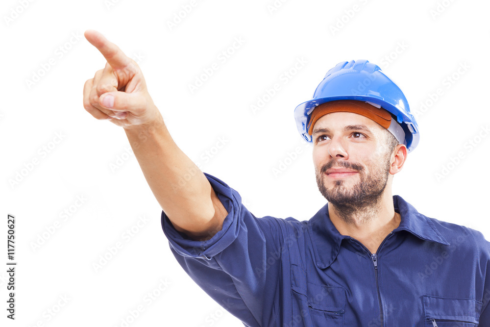 Young worker pointing, isolated on white background Young worker pointing, isolated on white background