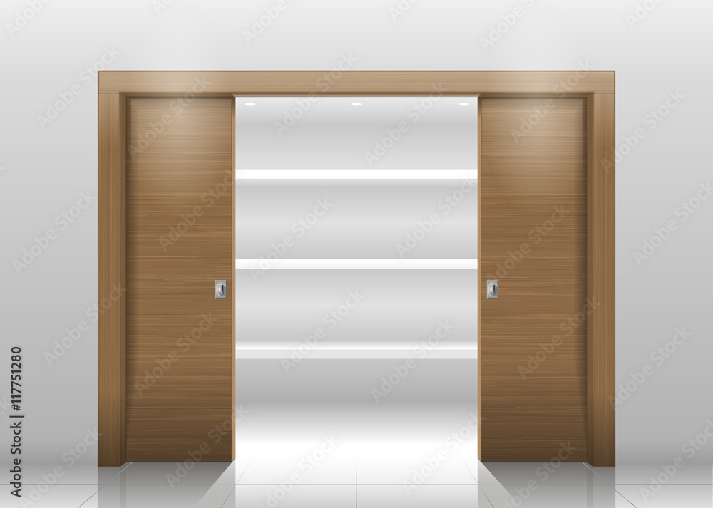 Fototapeta premium Sliding door wardrobe or dressing room, changing rooms, shop with a wood texture in vector graphics