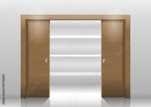 Sliding door wardrobe or dressing room, changing rooms, shop with a wood texture in vector graphics