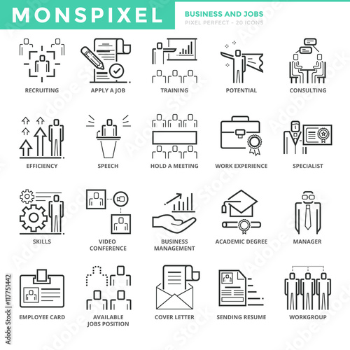 Flat thin line Icons set of Business and Jobs. Pixel Perfect Icons. Simple mono linear pictogram pack stroke vector logo concept for web graphics.
