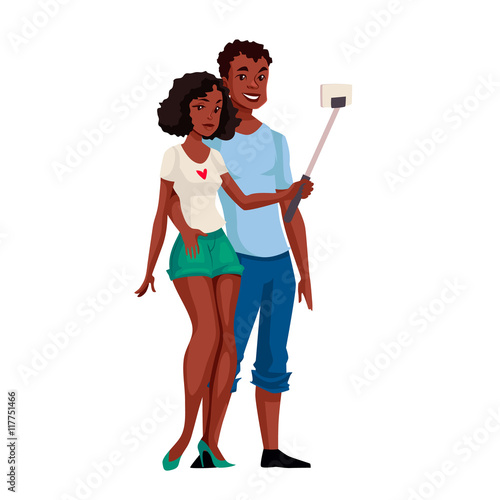 African American dark skinned couple taking selfie, cartoon style vector illustration. Young black male and female tourists taking pictures of themselves using phone and monopod