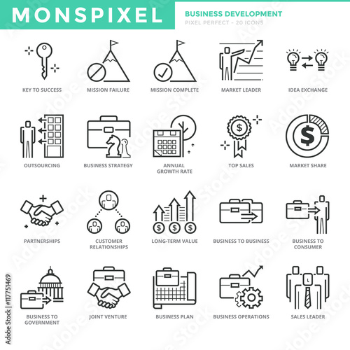 Flat thin line Icons set of Business Development. Pixel Perfect Icons. Simple mono linear pictogram pack stroke vector logo concept for web graphics.