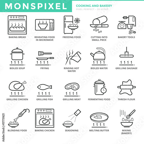 Flat thin line Icons set of Cooking and Bakery. Pixel Perfect Icons. Simple mono linear pictogram pack stroke vector logo concept for web graphics.
