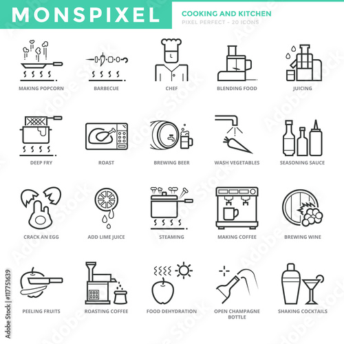 Flat thin line Icons set of Cooking and Bakery. Pixel Perfect Icons. Simple mono linear pictogram pack stroke vector logo concept for web graphics.