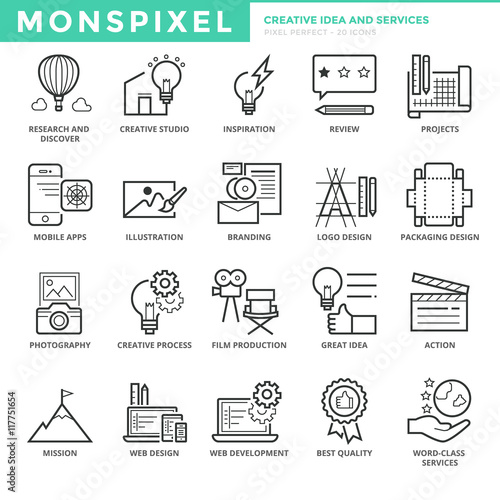 Flat thin line Icons set of Creative Idea and Services. Pixel Perfect Icons. Simple mono linear pictogram pack stroke vector logo concept for web graphics.