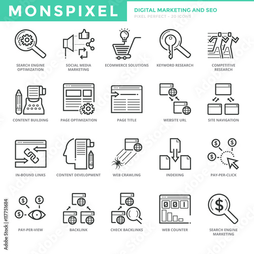 Flat thin line Icons set of Digital Marketing and SEO. Pixel Perfect Icons. Simple mono linear pictogram pack stroke vector logo concept for web graphics.