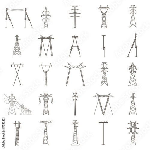 High voltage electric line pylon. Icon set suitable for creating