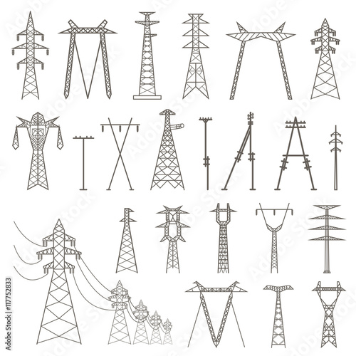 Photo High voltage electric line pylon. Icon set suitable for creating